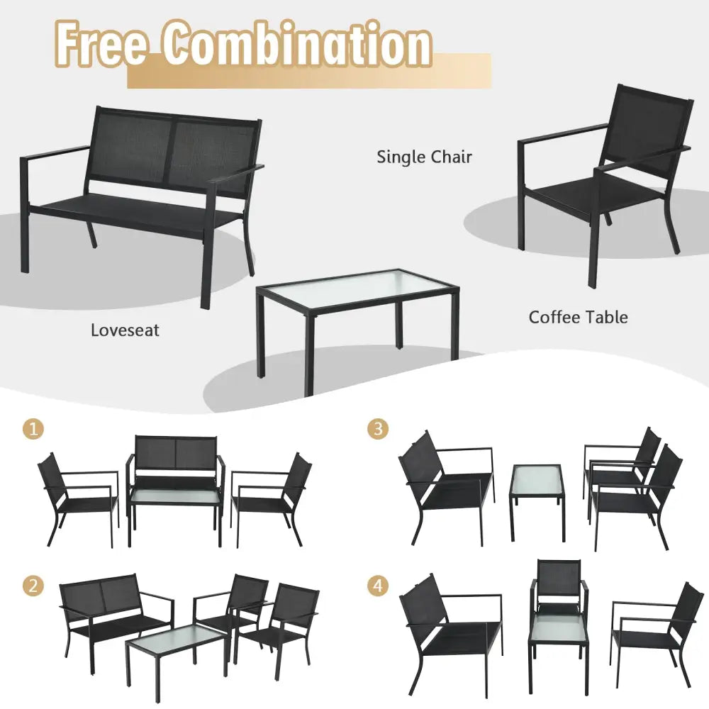 4 PCS Patio Furniture Set Sofa Coffee Table Steel Frame Garden-Gray - Gray - Patio Conversation Sets