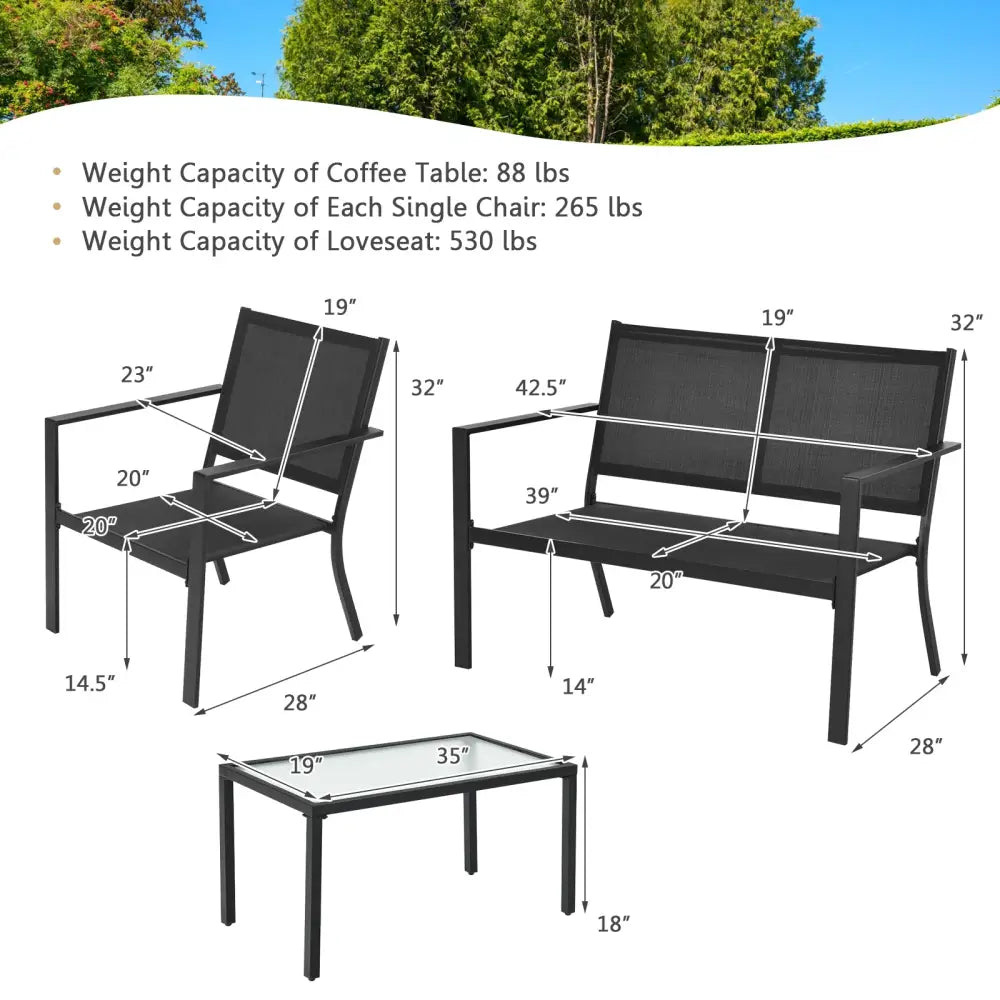 4 PCS Patio Furniture Set Sofa Coffee Table Steel Frame Garden-Gray - Gray - Patio Conversation Sets