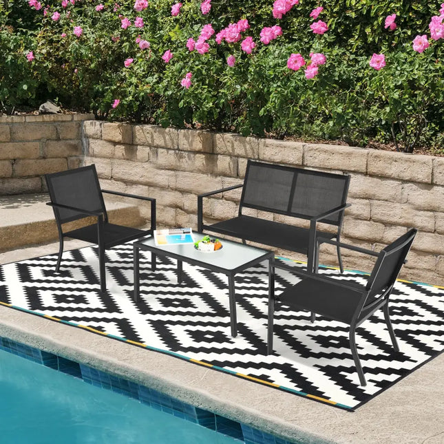 4 PCS Patio Furniture Set Sofa Coffee Table Steel Frame Garden-Gray - Gray - Patio Conversation Sets