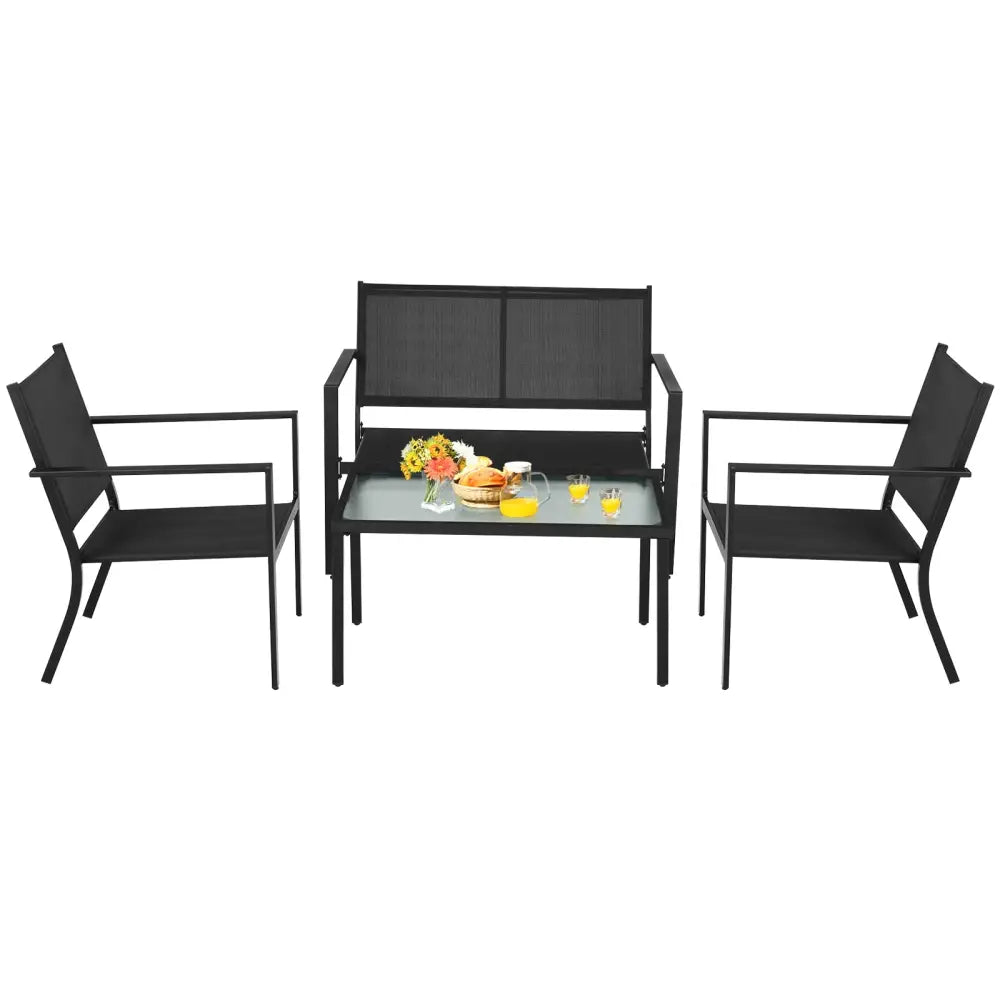4 PCS Patio Furniture Set Sofa Coffee Table Steel Frame Garden-Gray - Gray - Patio Conversation Sets