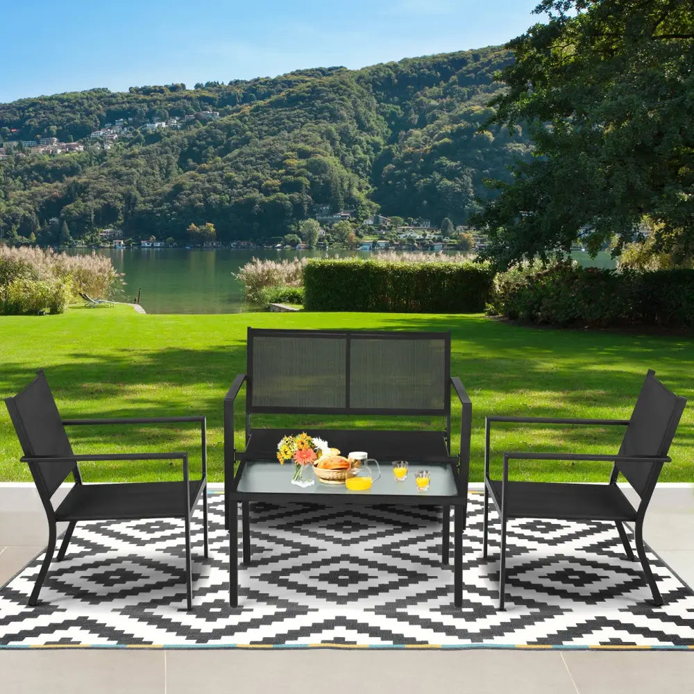 4 PCS Patio Furniture Set Sofa Coffee Table Steel Frame Garden-Gray - Gray - Patio Conversation Sets