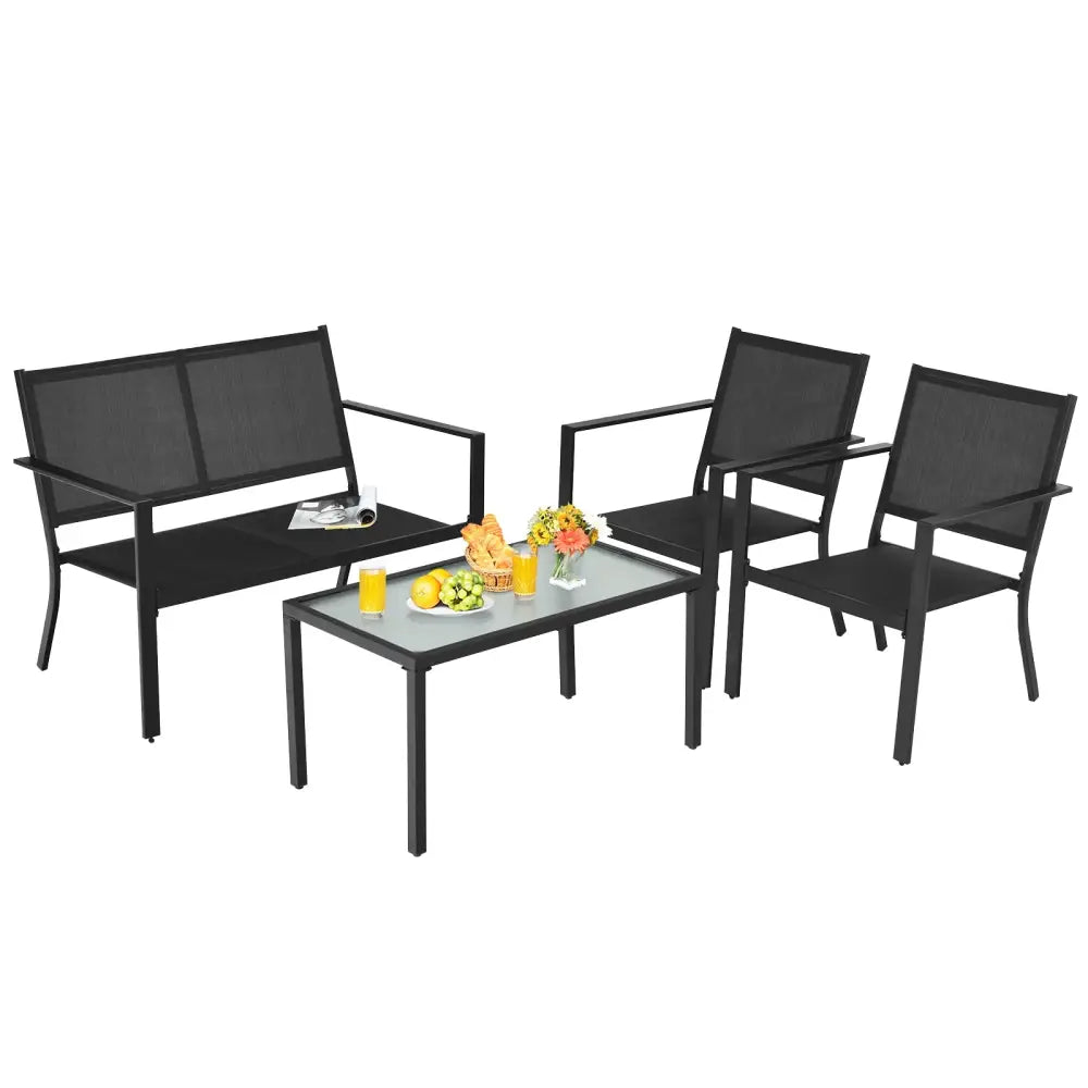 4 PCS Patio Furniture Set Sofa Coffee Table Steel Frame Garden-Gray - Gray - Patio Conversation Sets