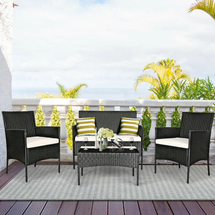 4 Pcs Patio Rattan Cushioned Sofa Furniture Set-White - White - Patio Conversation Sets