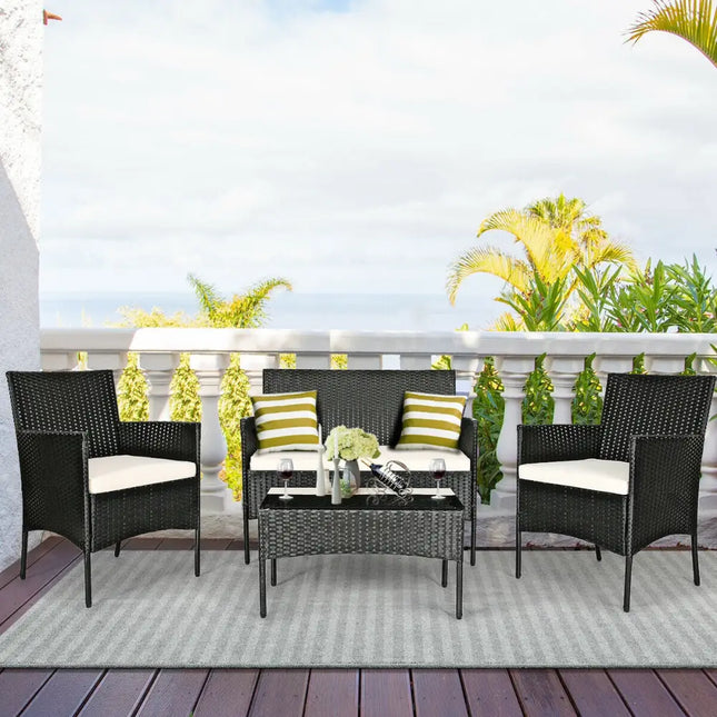 4 Pcs Patio Rattan Cushioned Sofa Furniture Set-White - White - Patio Conversation Sets