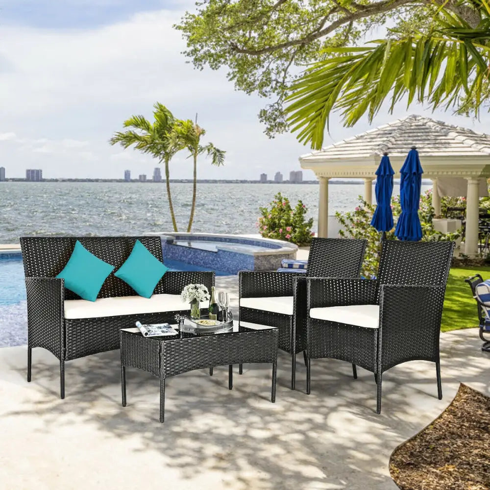 4 Pcs Patio Rattan Cushioned Sofa Furniture Set-White - White - Patio Conversation Sets