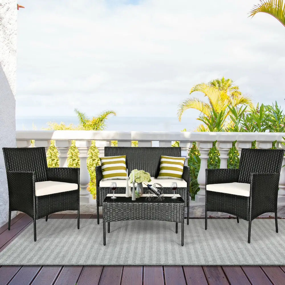 4 Pcs Patio Rattan Cushioned Sofa Furniture Set-White - White - Patio Conversation Sets