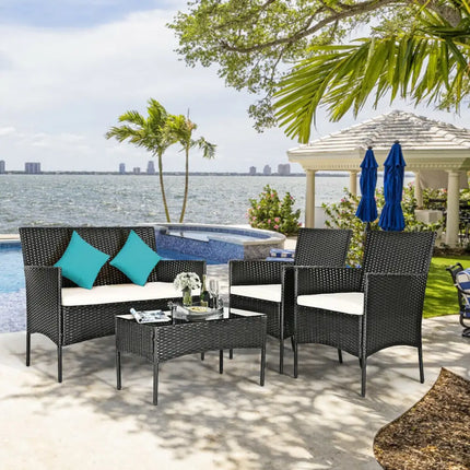 4 Pcs Patio Rattan Cushioned Sofa Furniture Set-White - White - Patio Conversation Sets
