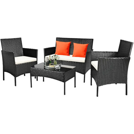 4 Pcs Patio Rattan Cushioned Sofa Furniture Set-White - White - Patio Conversation Sets