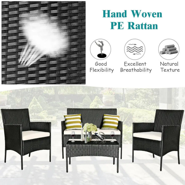 4 Pcs Patio Rattan Cushioned Sofa Furniture Set-White - White - Patio Conversation Sets