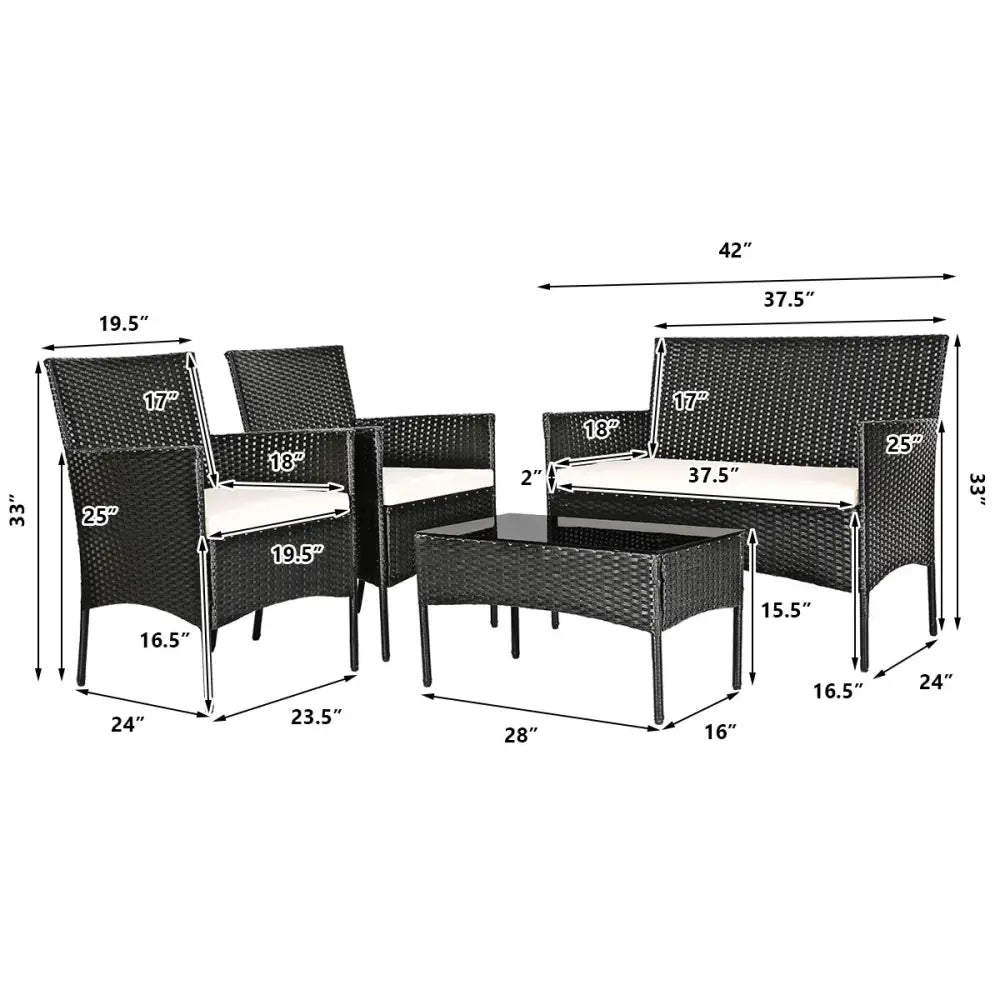 4 Pcs Patio Rattan Cushioned Sofa Furniture Set-White - White - Patio Conversation Sets