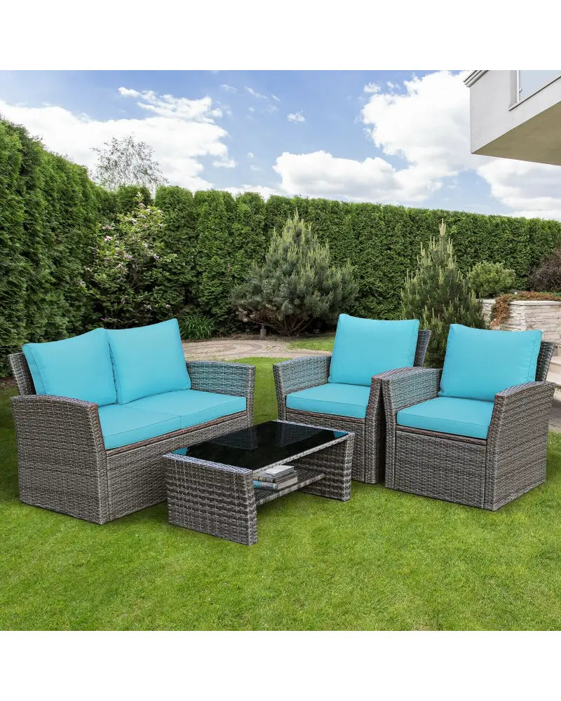 4 Pcs Patio Rattan Furniture Set Sofa Table with Storage Shelf Cushion-Turquoise - Turquoise - Patio Furniture Sets