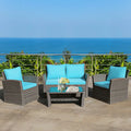 4 Pcs Patio Rattan Furniture Set Sofa Table with Storage Shelf Cushion-Turquoise - Turquoise - Patio Furniture Sets