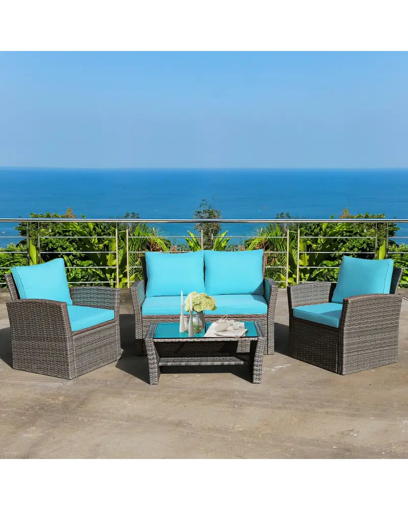 4 Pcs Patio Rattan Furniture Set Sofa Table with Storage Shelf Cushion-Turquoise - Turquoise - Patio Furniture Sets