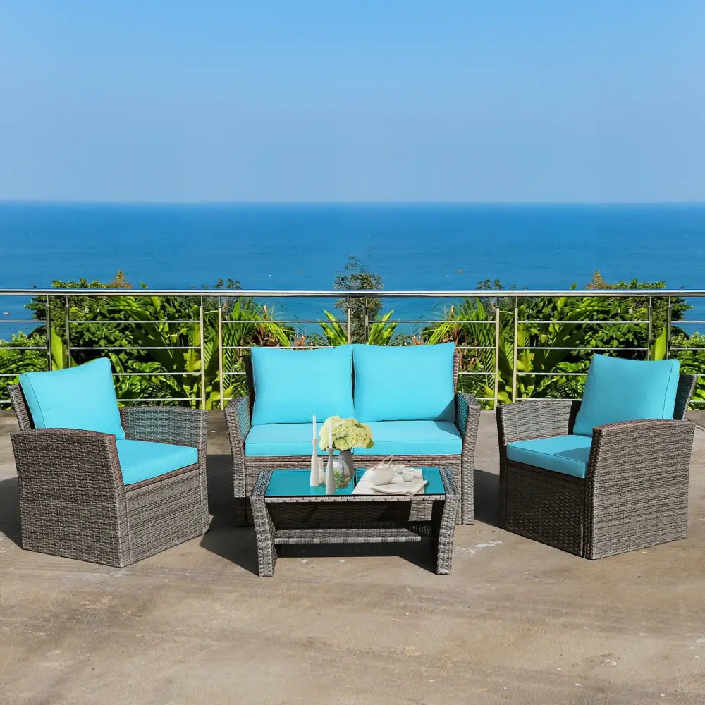4 Pcs Patio Rattan Furniture Set Sofa Table with Storage Shelf Cushion-Turquoise - Turquoise - Patio Furniture Sets