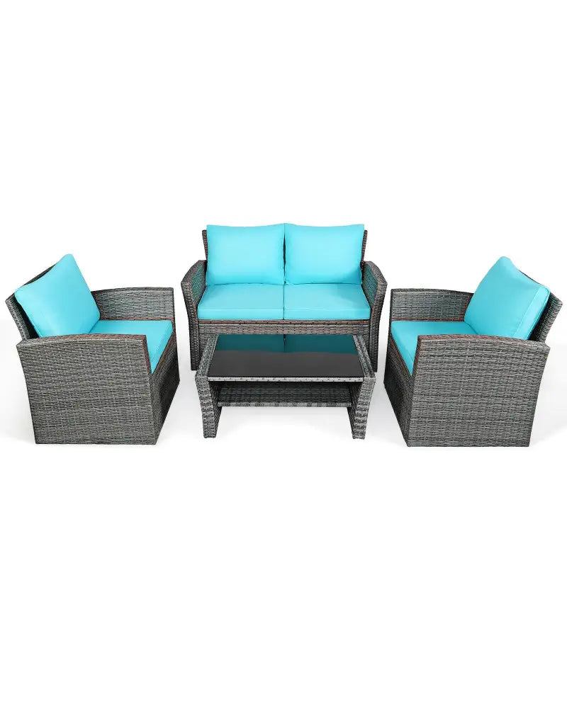4 Pcs Patio Rattan Furniture Set Sofa Table with Storage Shelf Cushion-Turquoise - Turquoise - Patio Furniture Sets