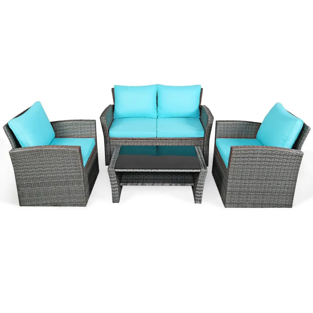 4 Pcs Patio Rattan Furniture Set Sofa Table with Storage Shelf Cushion-Turquoise - Turquoise - Patio Furniture Sets