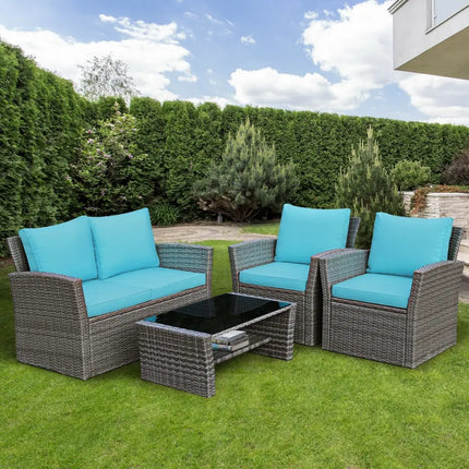 4 Pcs Patio Rattan Furniture Set Sofa Table with Storage Shelf Cushion-Turquoise - Turquoise - Patio Furniture Sets
