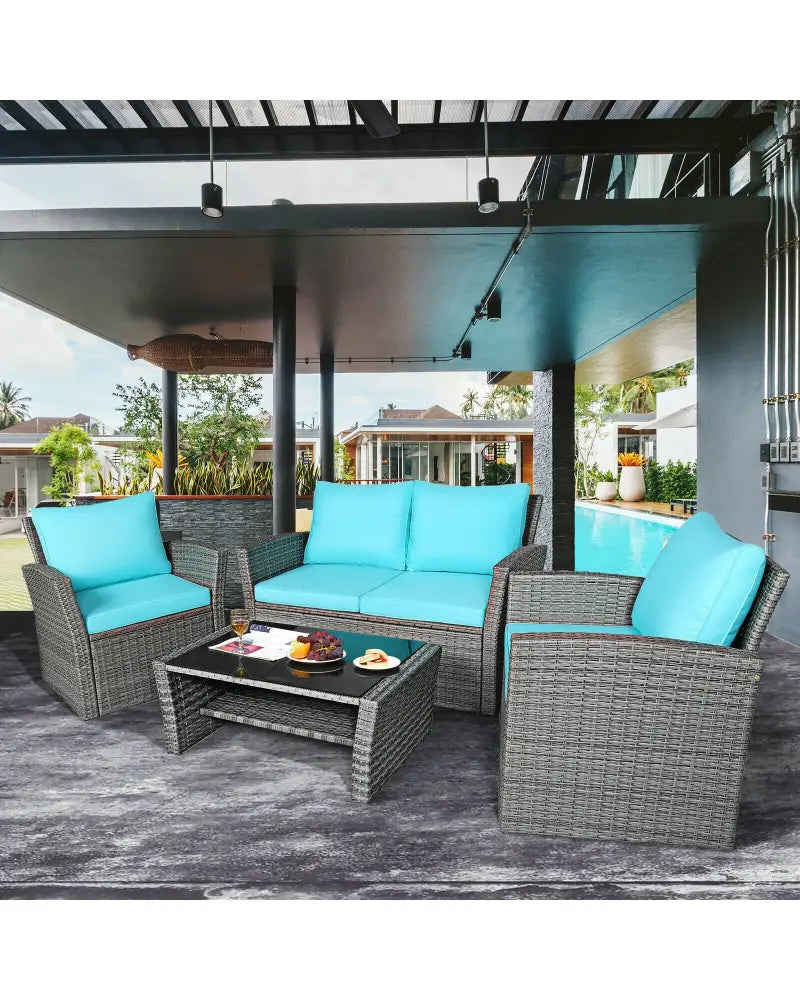 4 Pcs Patio Rattan Furniture Set Sofa Table with Storage Shelf Cushion-Turquoise - Turquoise - Patio Furniture Sets