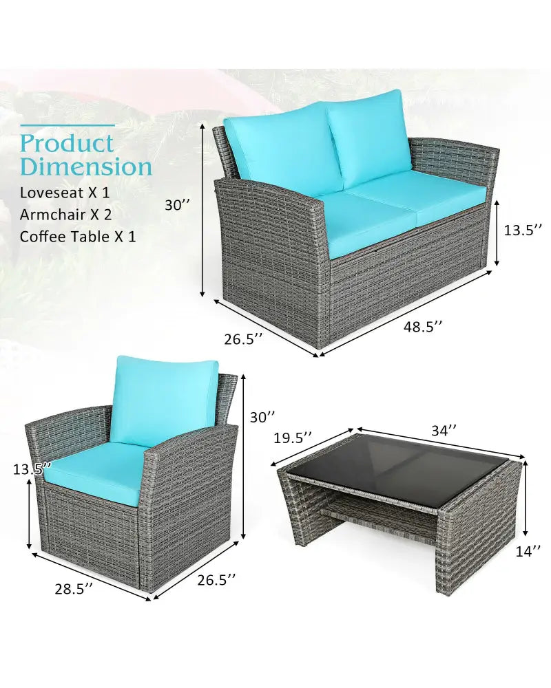 4 Pcs Patio Rattan Furniture Set Sofa Table with Storage Shelf Cushion-Turquoise - Turquoise - Patio Furniture Sets