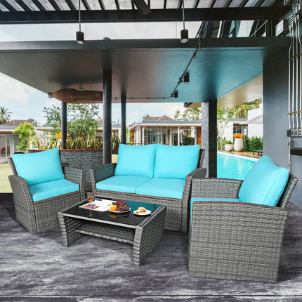 4 Pcs Patio Rattan Furniture Set Sofa Table with Storage Shelf Cushion-Turquoise - Turquoise - Patio Furniture Sets