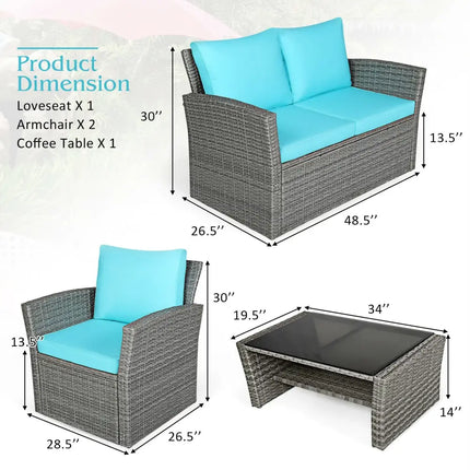 4 Pcs Patio Rattan Furniture Set Sofa Table with Storage Shelf Cushion-Turquoise - Turquoise - Patio Furniture Sets