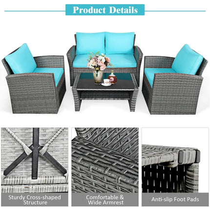 4 Pcs Patio Rattan Furniture Set Sofa Table with Storage Shelf Cushion-Turquoise - Turquoise - Patio Furniture Sets