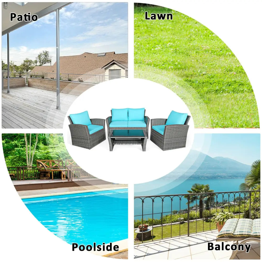 4 Pcs Patio Rattan Furniture Set Sofa Table with Storage Shelf Cushion-Turquoise - Turquoise - Patio Furniture Sets