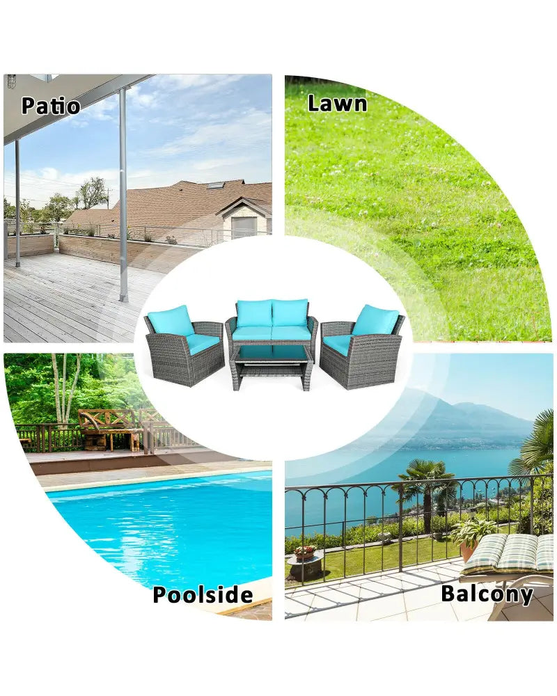 4 Pcs Patio Rattan Furniture Set Sofa Table with Storage Shelf Cushion-Turquoise - Turquoise - Patio Furniture Sets
