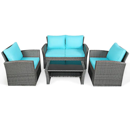4 Pcs Patio Rattan Furniture Set Sofa Table with Storage Shelf Cushion-Turquoise - Turquoise - Patio Furniture Sets