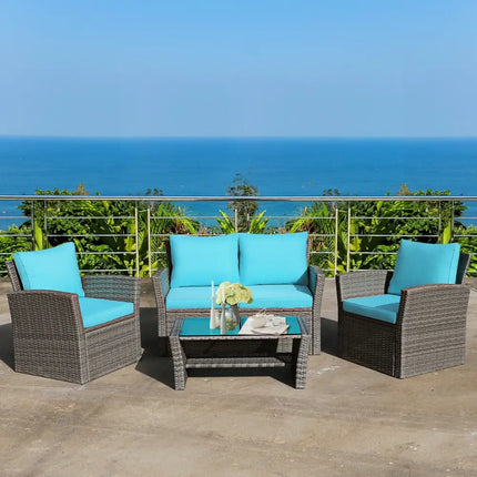 4 Pcs Patio Rattan Furniture Set Sofa Table with Storage Shelf Cushion-Turquoise - Turquoise - Patio Furniture Sets