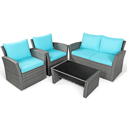4 Pcs Patio Rattan Furniture Set Sofa Table with Storage Shelf Cushion-Turquoise - Turquoise - Patio Furniture Sets