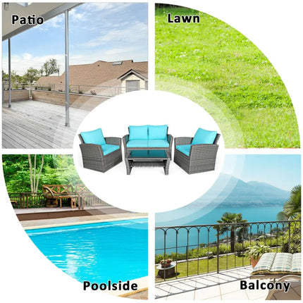 4 Pcs Patio Rattan Furniture Set Sofa Table with Storage Shelf Cushion-Turquoise - Turquoise - Patio Furniture Sets