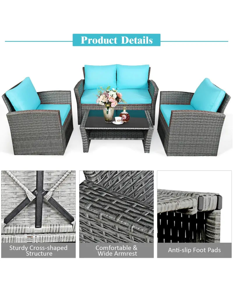 4 Pcs Patio Rattan Furniture Set Sofa Table with Storage Shelf Cushion-Turquoise - Turquoise - Patio Furniture Sets
