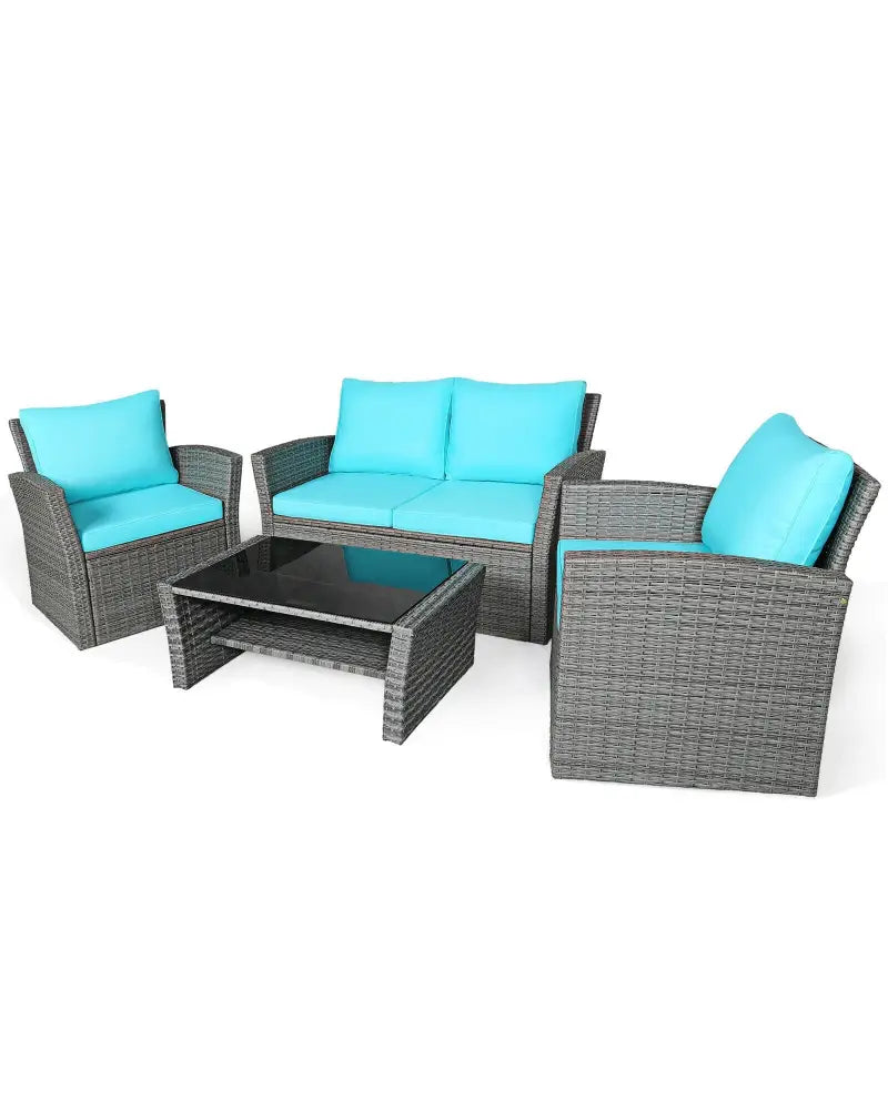4 Pcs Patio Rattan Furniture Set Sofa Table with Storage Shelf Cushion-Turquoise - Turquoise - Patio Furniture Sets