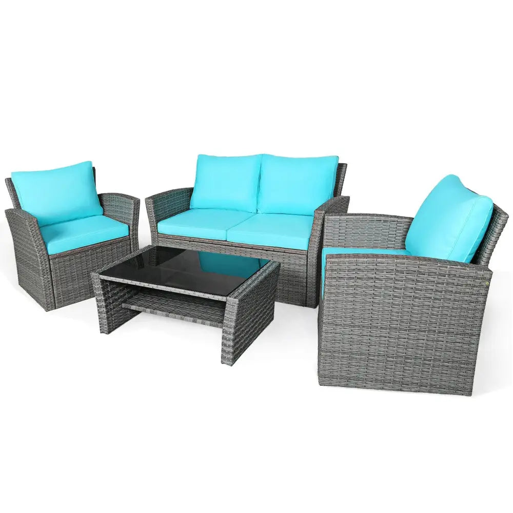 4 Pcs Patio Rattan Furniture Set Sofa Table with Storage Shelf Cushion-Turquoise - Turquoise - Patio Furniture Sets