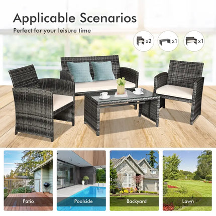 4 Pcs Patio Rattan Furniture Set Top Sofa With Glass Table-White - White - Patio Furniture Sets
