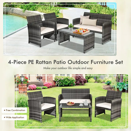 4 Pcs Patio Rattan Furniture Set Top Sofa With Glass Table-White - White - Patio Furniture Sets