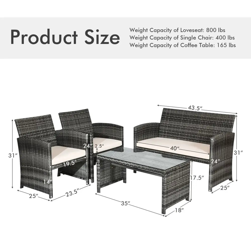 4 Pcs Patio Rattan Furniture Set Top Sofa With Glass Table-White - White - Patio Furniture Sets