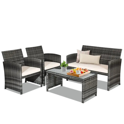 4 Pcs Patio Rattan Furniture Set Top Sofa With Glass Table-White - White - Patio Furniture Sets