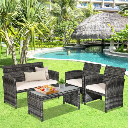 4 Pcs Patio Rattan Furniture Set Top Sofa With Glass Table-White - White - Patio Furniture Sets
