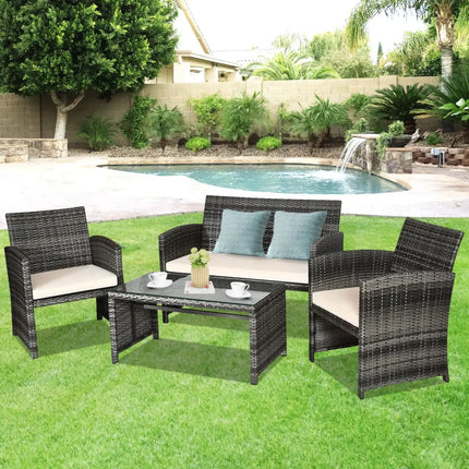 4 Pcs Patio Rattan Furniture Set Top Sofa With Glass Table-White - White - Patio Furniture Sets