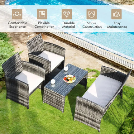 4 Pcs Patio Rattan Furniture Set Top Sofa With Glass Table-White - White - Patio Furniture Sets