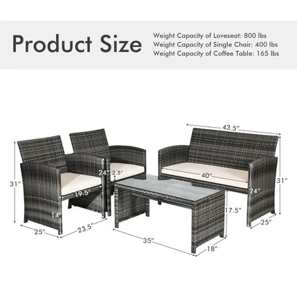 4 Pcs Patio Rattan Furniture Set Top Sofa With Glass Table-White - White - Patio Furniture Sets
