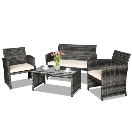 4 Pcs Patio Rattan Furniture Set Top Sofa With Glass TableWhite - White - Patio Furniture Sets