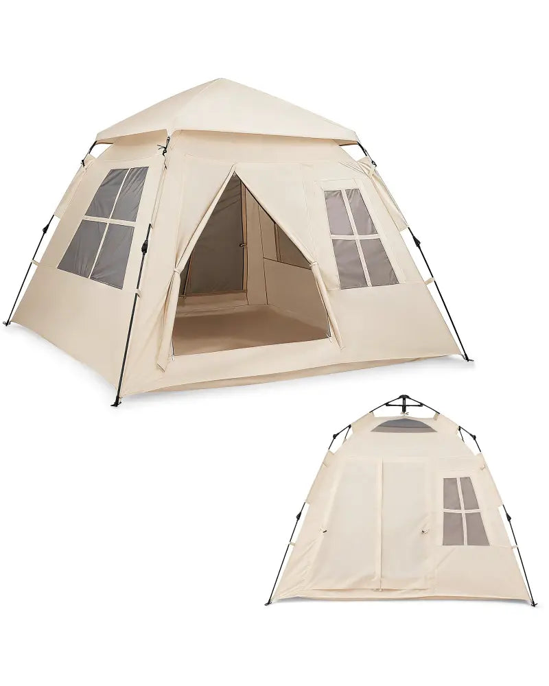 4 Person Camping Tent Portable Automatic Easy Setup with Rainfly and 2 Doors - Beige - Tents