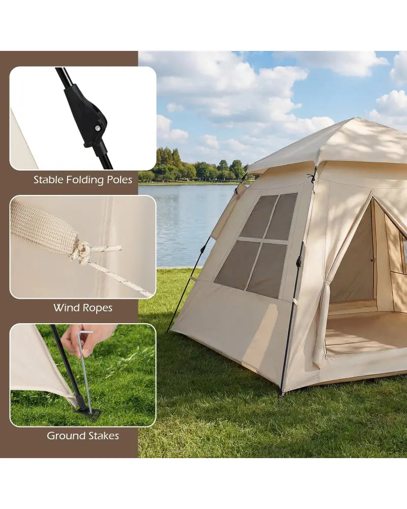 4 Person Camping Tent Portable Automatic Easy Setup with Rainfly and 2 Doors - Beige - Tents