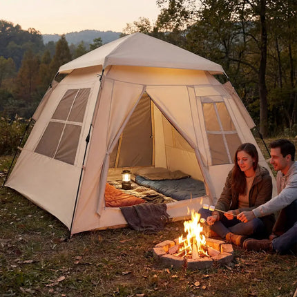 4 Person Camping Tent Portable Automatic Easy Setup with Rainfly and 2 Doors - Beige - Tents