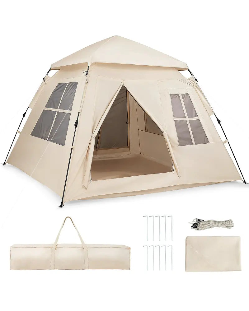 4 Person Camping Tent Portable Automatic Easy Setup with Rainfly and 2 Doors - Beige - Tents