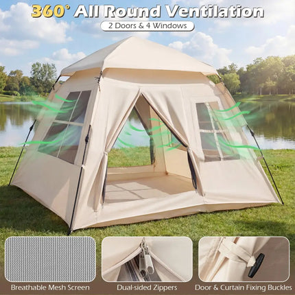 4 Person Camping Tent Portable Automatic Easy Setup with Rainfly and 2 Doors - Beige - Tents