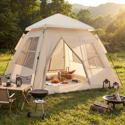 4 Person Camping Tent Portable Automatic Easy Setup with Rainfly and 2 Doors - Beige - Tents